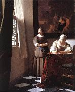 VERMEER VAN DELFT, Jan Lady Writing a Letter with Her Maid ar oil painting reproduction